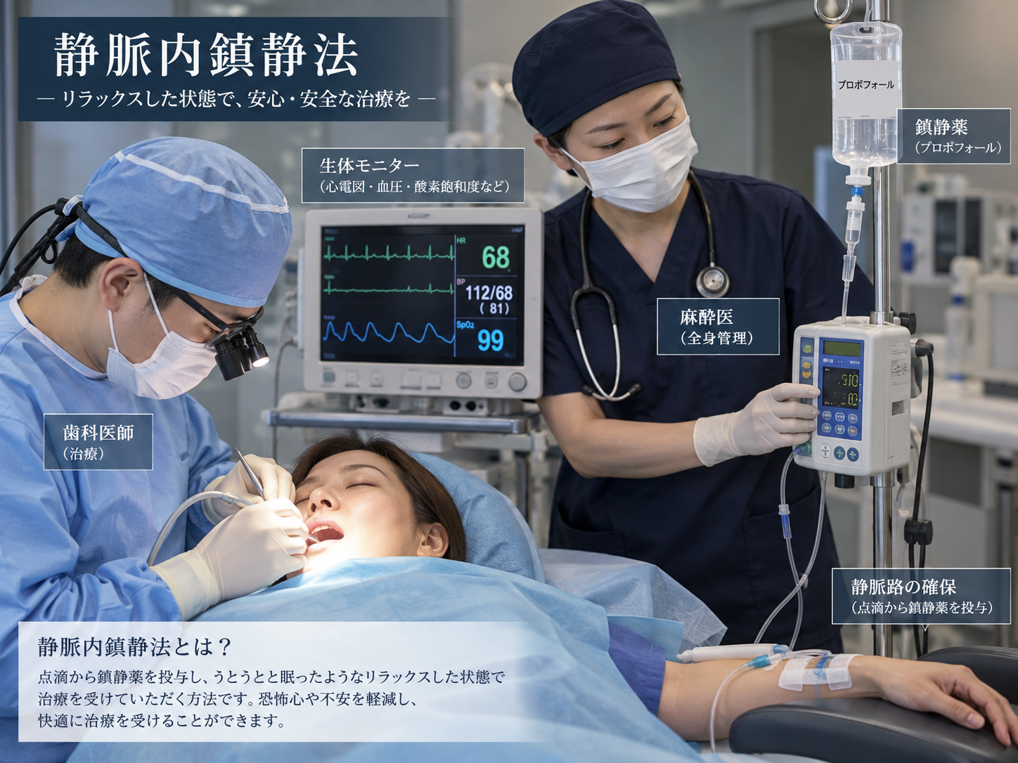 静脈内鎮静法と全身状態のモニタリングを説明するイメージ