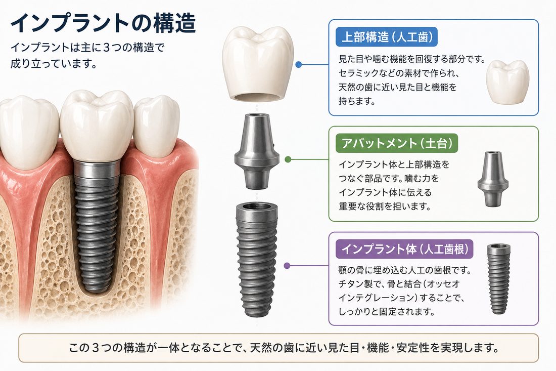 インプラントの構造図。上部構造（人工歯）、アバットメント（土台）、インプラント体（人工歯根）の3つのパーツで構成される