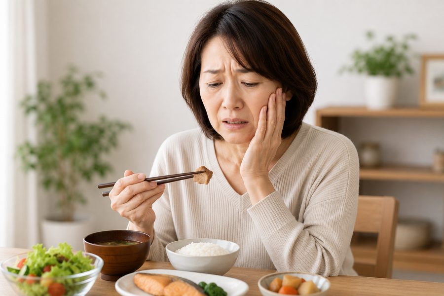 入れ歯がぐらついて食事中に頬を押さえる女性