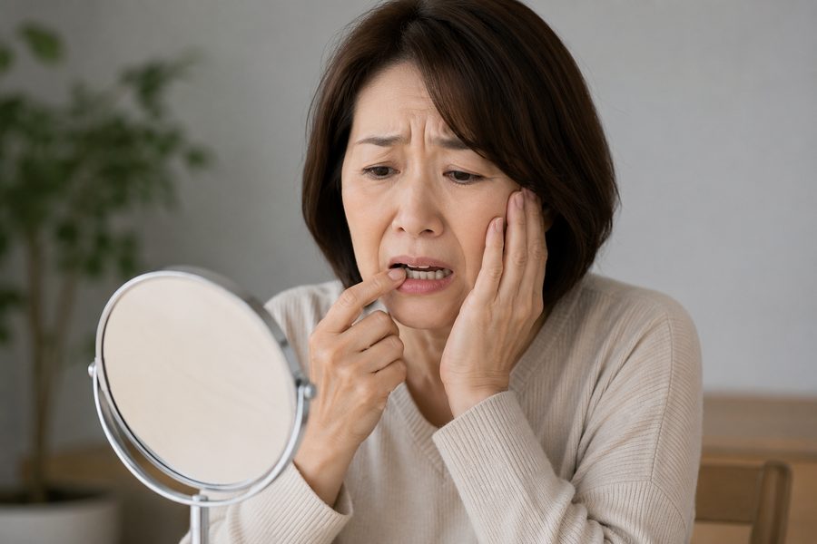 鏡で歯の見た目を気にする女性